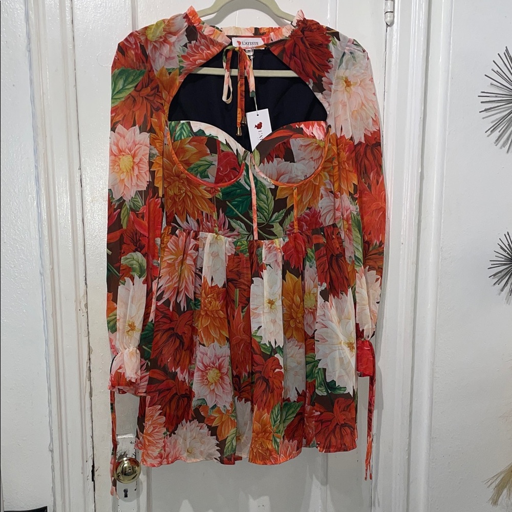 L'ATISTE Floral Midi Dress in Red, Orange, Green, White